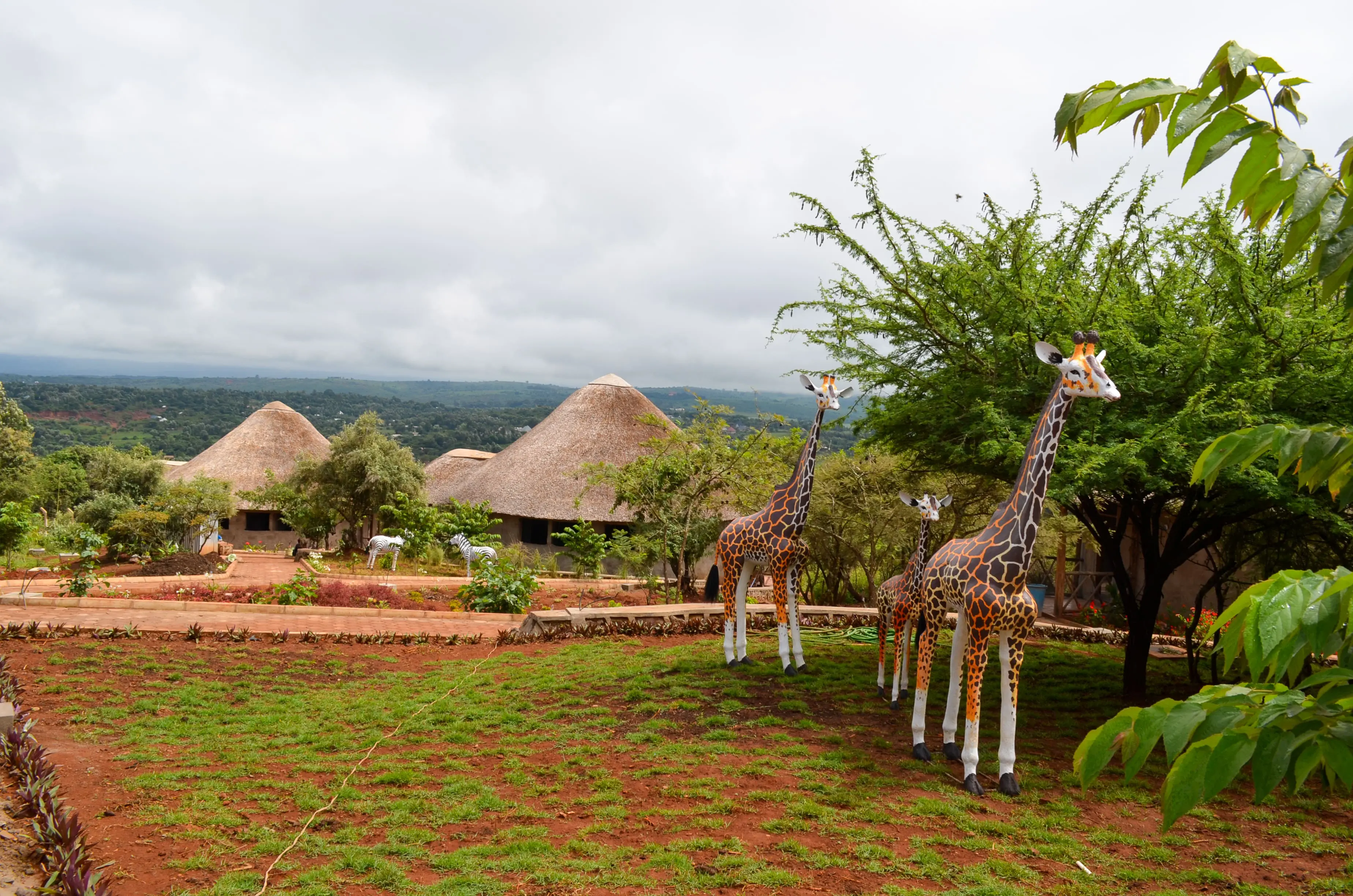 Giraffe sculptures in a garden at maasai ecolodge in tanzania