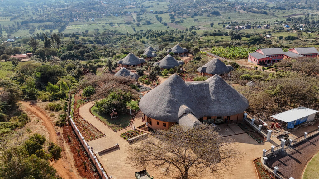 arial view of the ecoLodge accommodations with villas overlooking Rift Valley