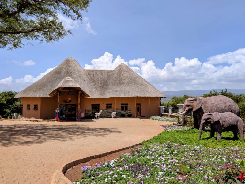 thratched roof and native african landscape with animal sculptures at luxuary lodge in tanzania